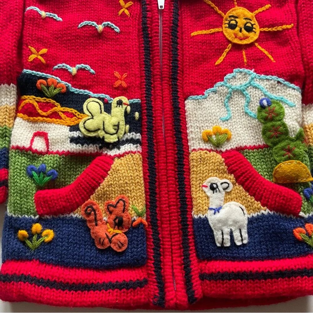 Peruvian Knit Embroidered Hooded Zip Up Red Sweater Animals Sun Toddler Sz 2